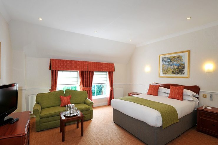 Bromley Court Hotel - A hotel room with a bed, a couch, and a television.
